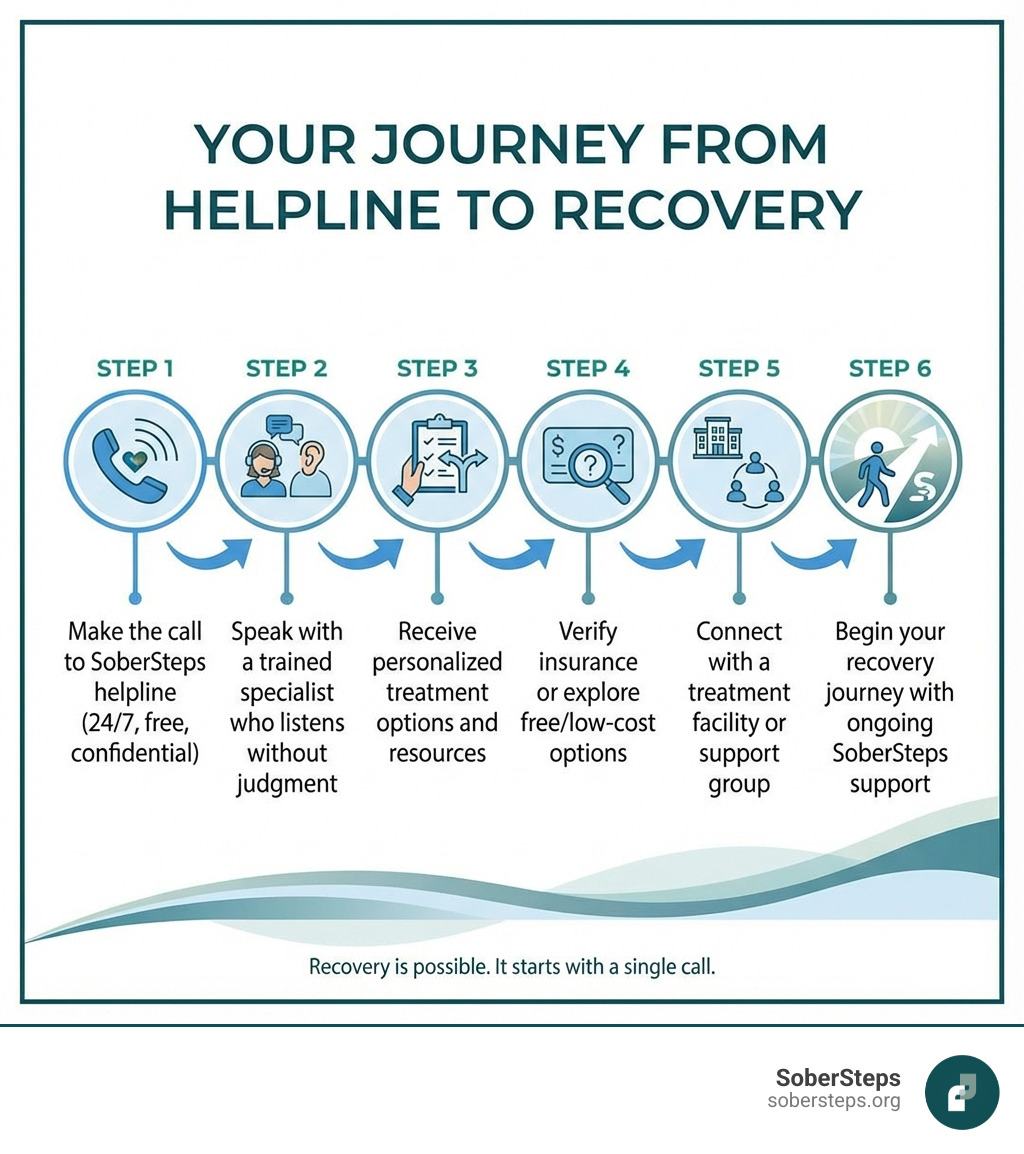Infographic showing the journey from calling a national addiction helpline to starting recovery: Step 1 - Make the call to SoberSteps helpline (24/7, free, confidential); Step 2 - Speak with a trained specialist who listens without judgment; Step 3 - Receive personalized treatment options and resources; Step 4 - Verify insurance or explore free/low-cost options; Step 5 - Connect with a treatment facility or support group; Step 6 - Begin your recovery journey with ongoing SoberSteps support - national addiction helpline infographic 