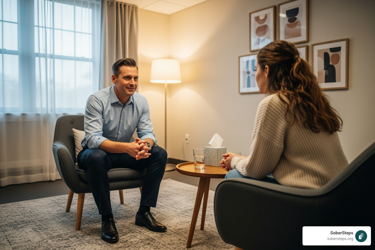One-on-one counseling session in a comfortable room - opioid rehab