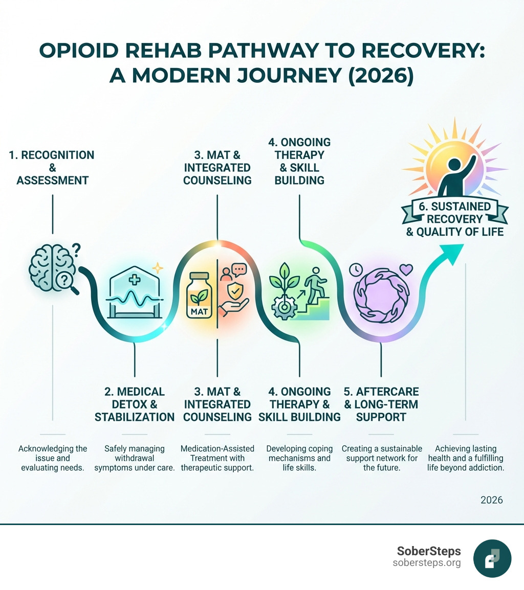 Infographic showing the pathway from opioid addiction to recovery, including stages: Recognition and Assessment, Medical Detox and Stabilization, Medication-Assisted Treatment with Counseling, Ongoing Therapy and Skill Building, Aftercare and Long-Term Support, leading to Sustained Recovery and Quality of Life - opioid rehab infographic pillar-4-steps
