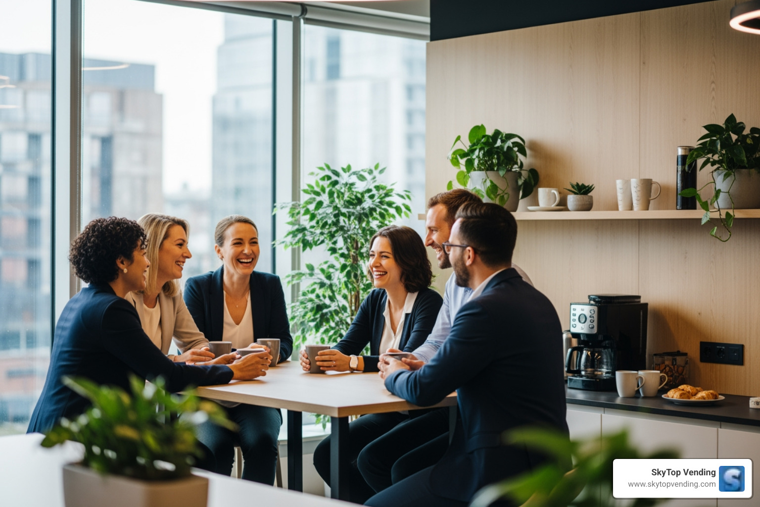 diverse colleagues collaborating and laughing over coffee in a breakroom - office pantry service