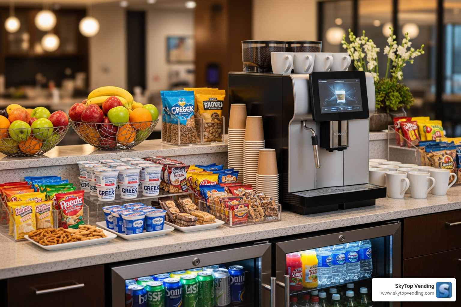 wide variety of snacks and drinks, including fresh fruit, healthy options, and premium coffee - office pantry service