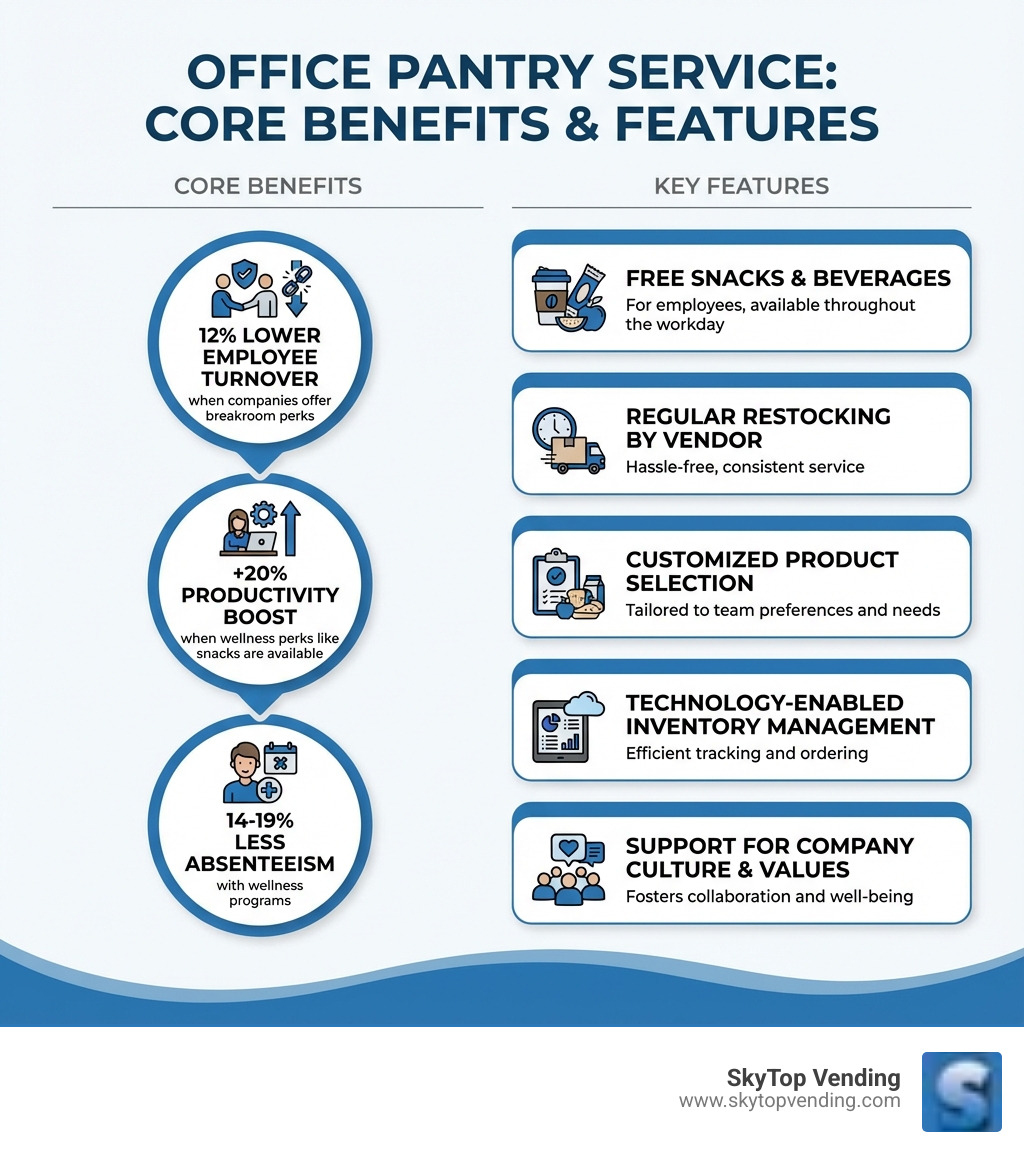 Infographic showing the core benefits of an office pantry service: 12% lower employee turnover when companies offer breakroom perks, +20% productivity boost when wellness perks like snacks are available, 14-19% less absenteeism with wellness programs, plus key features including free snacks and beverages for employees, regular restocking by vendor, customized product selection, technology-enabled inventory management, and support for company culture and values - office pantry service infographic 