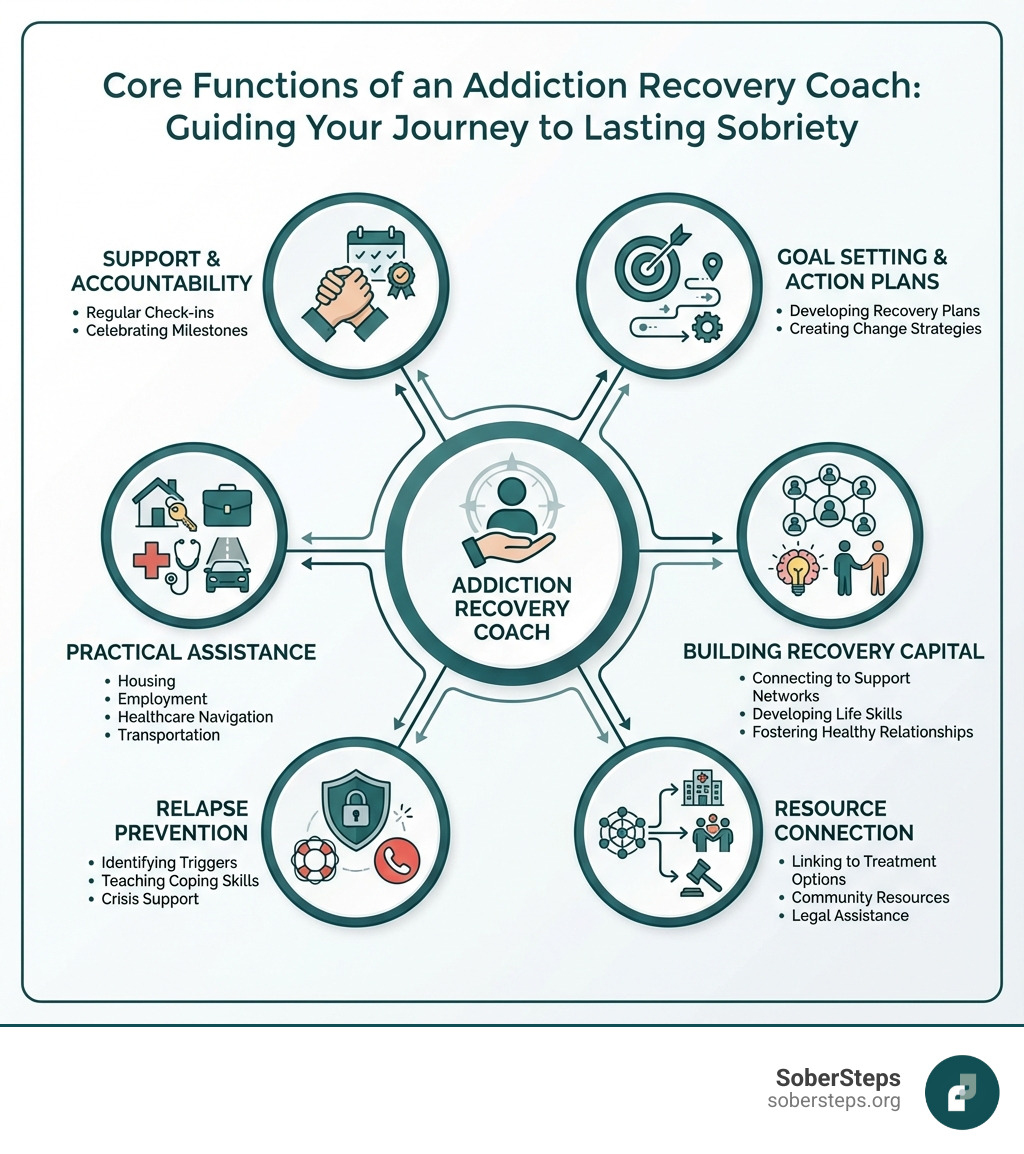 Infographic showing the core functions of an addiction recovery coach: Support & Accountability (regular check-ins, celebrating milestones), Goal Setting & Action Plans (developing recovery plans, creating change strategies), Practical Assistance (housing, employment, healthcare navigation, transportation), Building Recovery Capital (connecting to support networks, developing life skills, fostering healthy relationships), Relapse Prevention (identifying triggers, teaching coping skills, crisis support), and Resource Connection (linking to treatment options, community resources, legal assistance) - addiction recovery coach infographic 