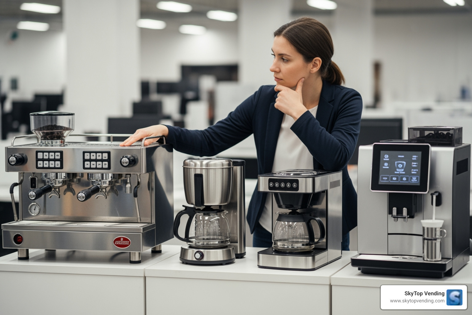 of a person comparing different types of commercial coffee machines - office coffee service business of a person comparing different types of commercial coffee machines - office coffee service business