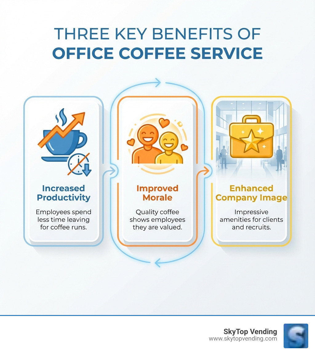 Infographic showing three key benefits of office coffee service: a coffee cup icon with upward arrow labeled 'Increased Productivity - employees spend less time leaving for coffee runs', people icons with smile labeled 'Improved Morale - quality coffee shows employees they are valued', and briefcase icon with star labeled 'Enhanced Company Image - impressive amenities for clients and recruits' - office coffee service business infographic Infographic showing three key benefits of office coffee service: a coffee cup icon with upward arrow labeled 'Increased Productivity - employees spend less time leaving for coffee runs', people icons with smile labeled 'Improved Morale - quality coffee shows employees they are valued', and briefcase icon with star labeled 'Enhanced Company Image - impressive amenities for clients and recruits' - office coffee service business infographic
