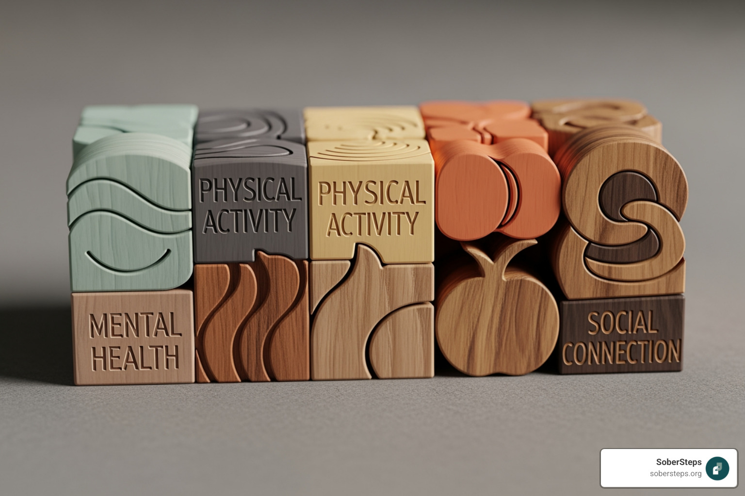 Building blocks labeled with words like 'Therapy', 'Nutrition', 'Exercise', 'Support' - long term recovery