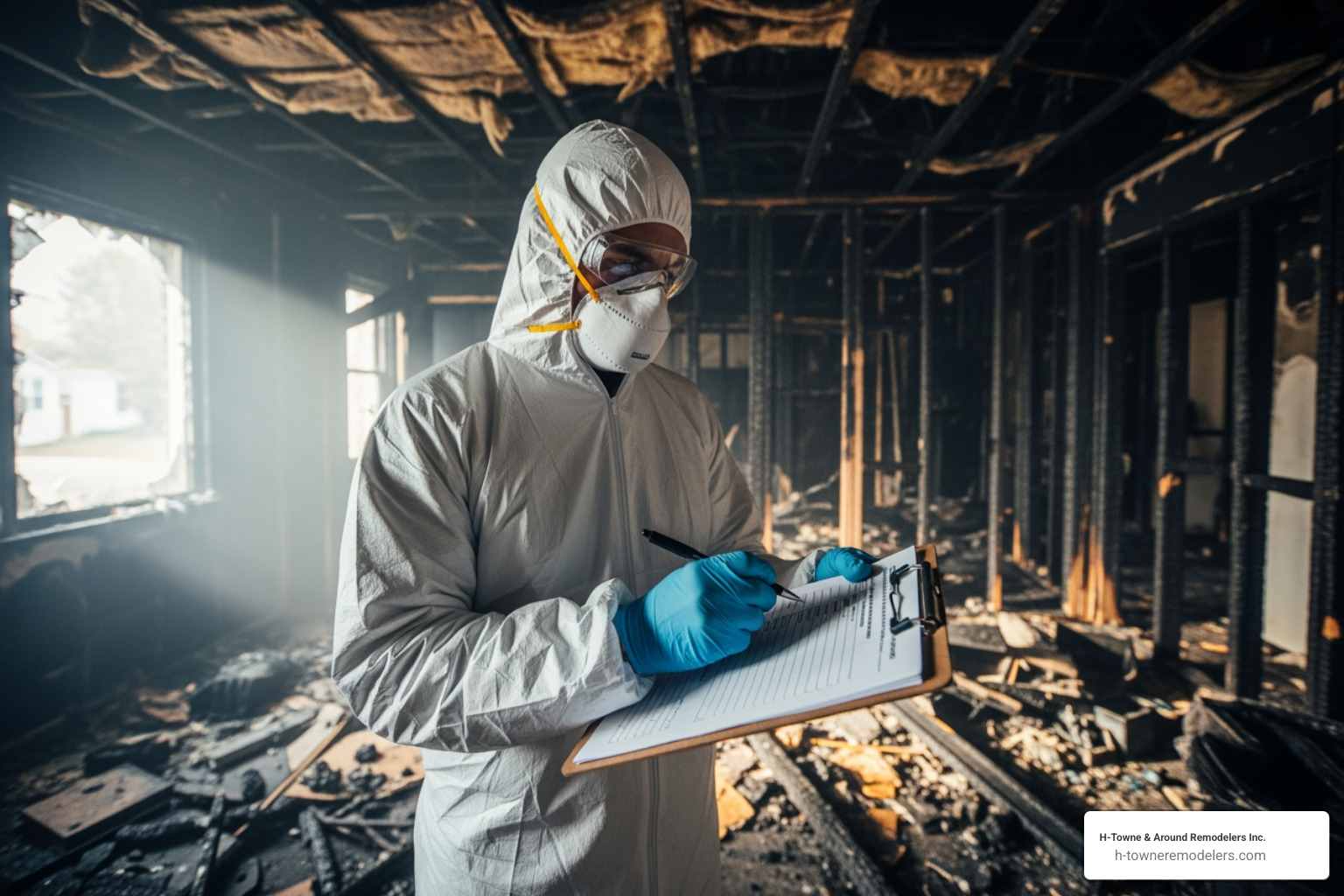 of a restoration professional in PPE conducting an assessment with a clipboard - fire restoration