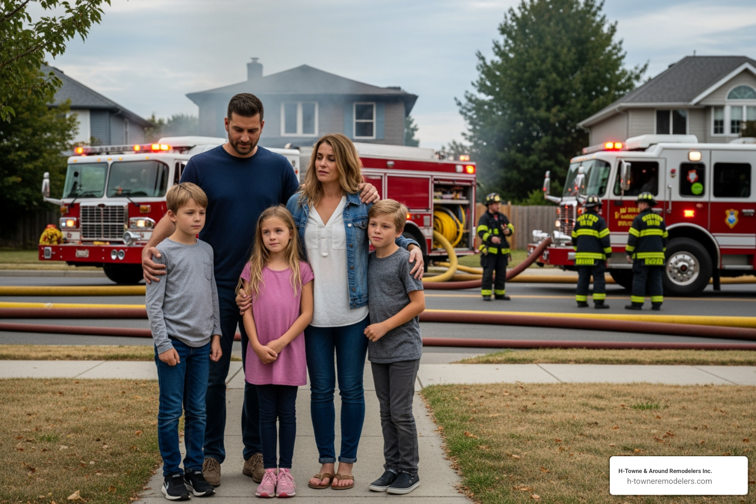 of a family safely outside their home with fire trucks in the background - fire restoration