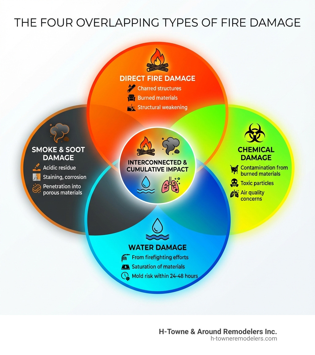 Infographic showing the four overlapping types of fire damage: Direct Fire Damage (charred structures, burned materials, structural weakening), Smoke and Soot Damage (acidic residue, staining, corrosion, penetration into porous materials), Water Damage (from firefighting efforts, saturation of materials, mold risk within 24-48 hours), and Chemical Damage (contamination from burned materials, toxic particles, air quality concerns) - fire restoration infographic 