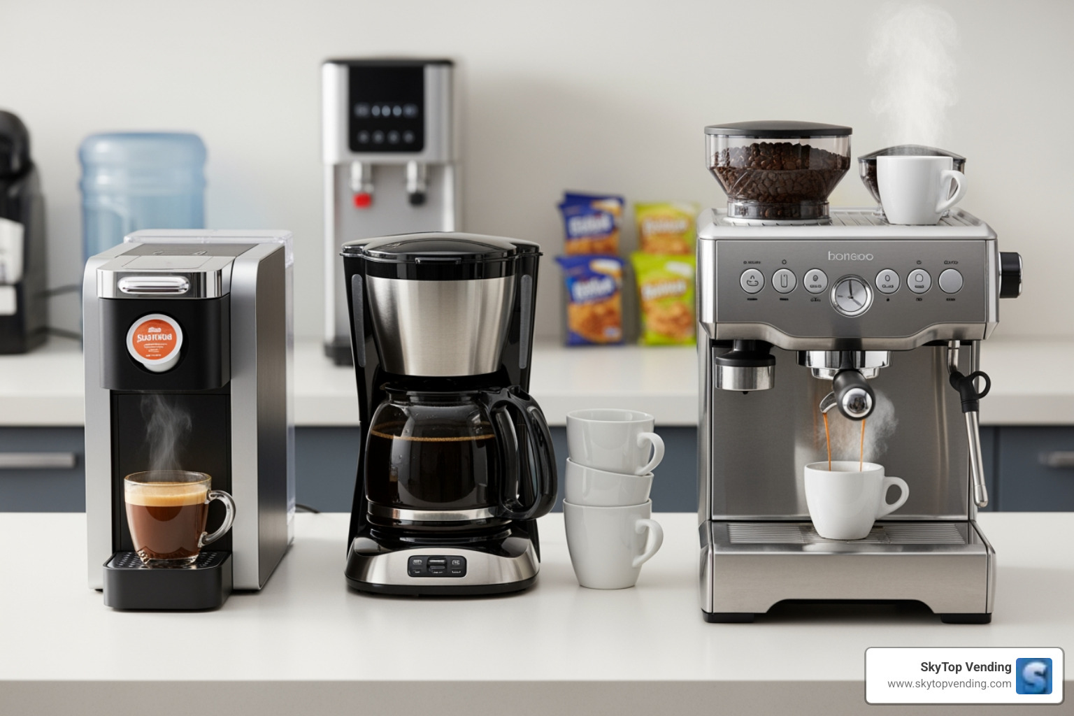 table comparing Single-Serve, Drip Brewers, and Bean-to-Cup machines on cost per cup, variety, maintenance, and ideal office size - business coffee solutions
