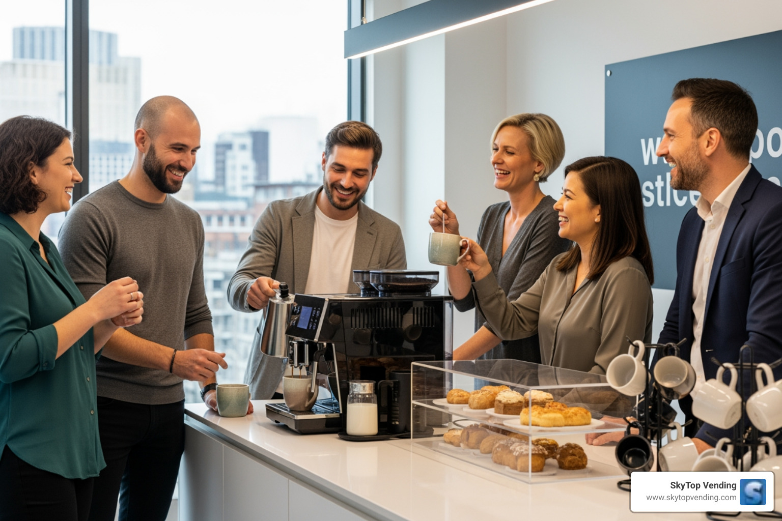 diverse team collaborating happily around a coffee station - business coffee solutions