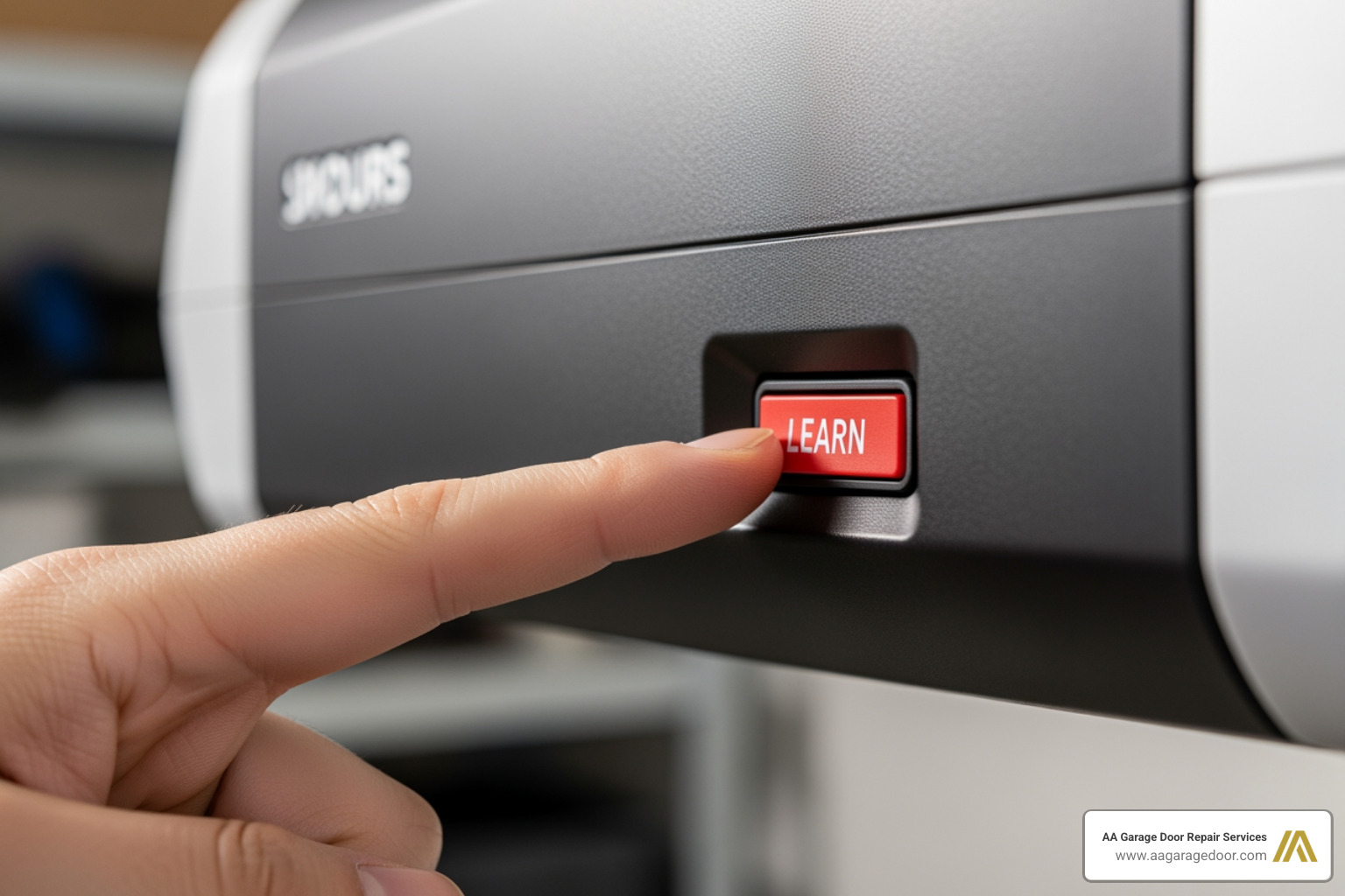 close-up of a finger pressing a red 'Learn' button on an opener - changing the garage door opener code close-up of a finger pressing a red 'Learn' button on an opener - changing the garage door opener code