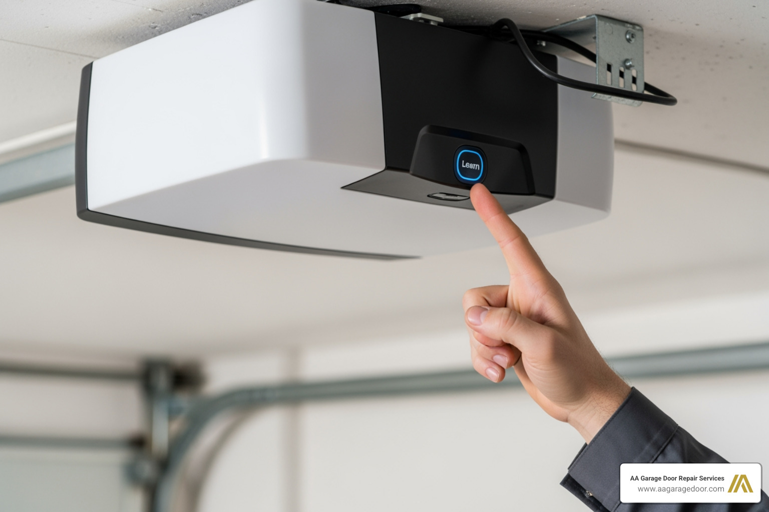 technician pointing to the 'Learn' button on a garage door opener motor unit - changing the garage door opener code technician pointing to the 'Learn' button on a garage door opener motor unit - changing the garage door opener code