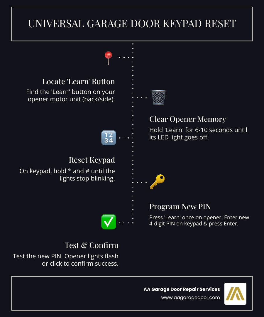 Infographic showing the universal garage door keypad reset process: Step 1 shows the Learn button location on an opener motor unit with a purple button highlighted near the antenna wire. Step 2 displays a hand holding the Learn button for 6-10 seconds with an LED turning off. Step 3 illustrates pressing star and pound keys on a keypad until lights stop blinking. Step 4 shows entering a 4-digit PIN followed by the pound key. Step 5 depicts pressing the Learn button once briefly. Step 6 shows entering the new PIN on the keypad and pressing Enter within 30 seconds. Step 7 displays a successful connection with flashing opener lights. Common failure points are marked: dead 9V battery shown at 70% of issues, signal interference at 15%, and programming errors at 10%. Timeline shows total process takes 3-5 minutes for most universal keypads. - universal garage door keypad reset infographic infographic-line-5-steps-dark