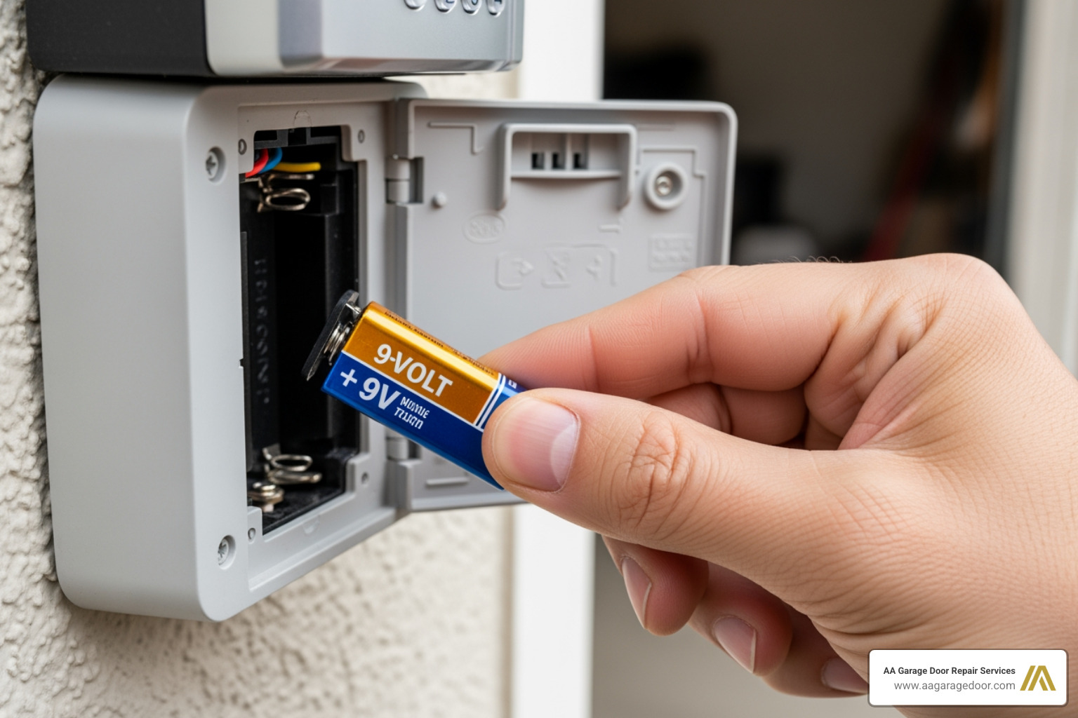 A 9-volt battery being inserted into an open garage door keypad - universal garage door keypad reset