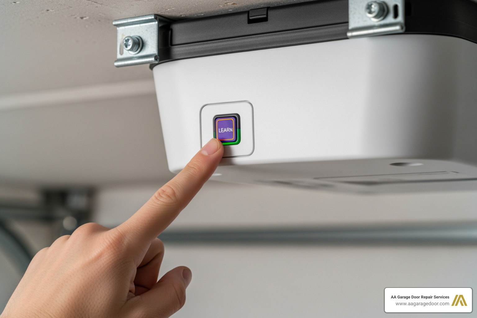 A finger pointing to a Learn button on a garage door opener motor unit - universal garage door keypad reset