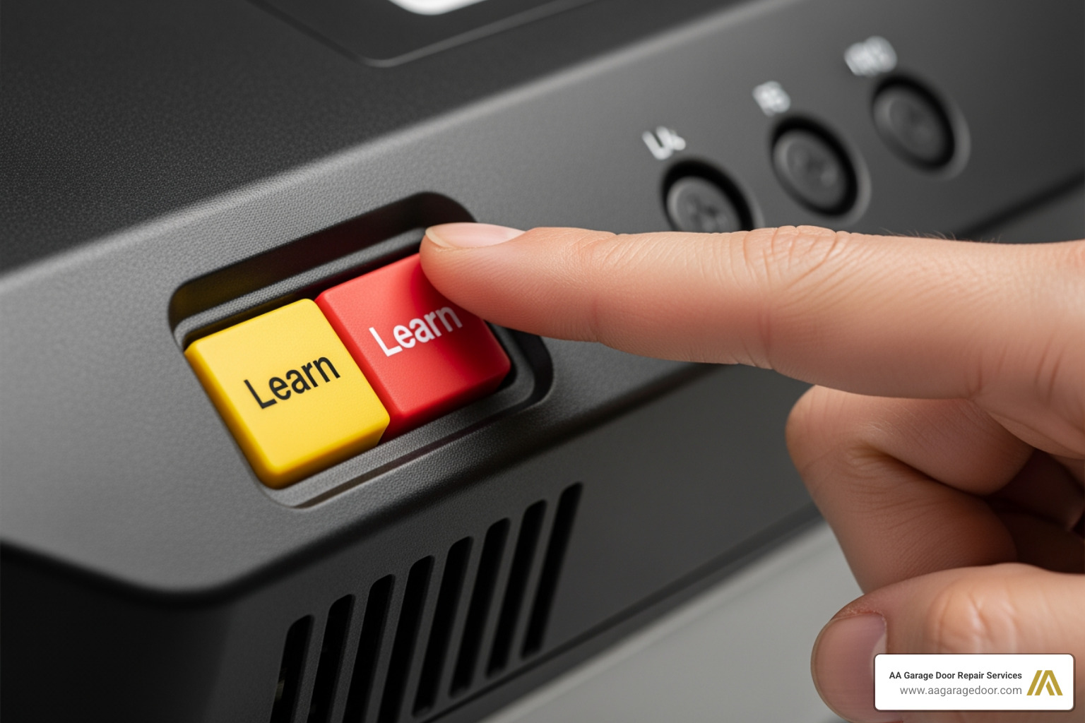 A close-up image showing a hand pointing to the "Learn" button on the back of a garage door opener motor unit, clearly labeled and often colored red or yellow. - change code garage door keypad