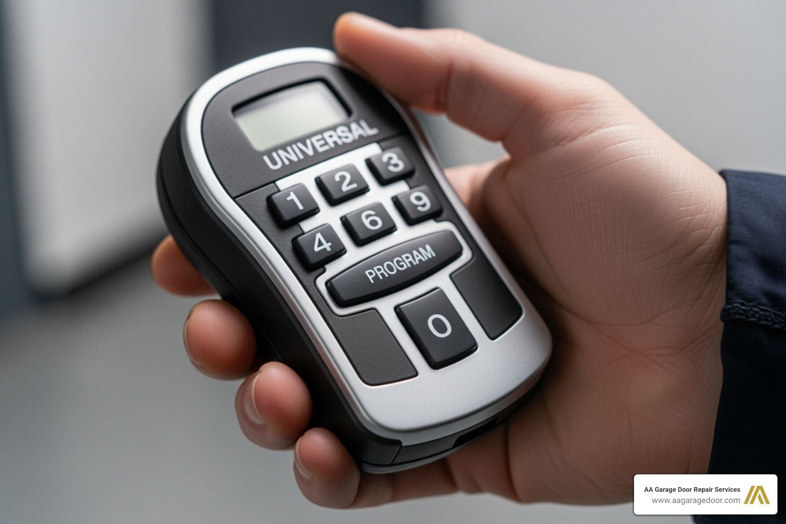 hand holding a universal keypad with the "Program" button highlighted - program universal garage door keypad hand holding a universal keypad with the "Program" button highlighted - program universal garage door keypad