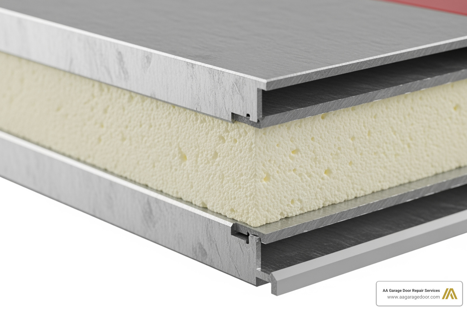 Cross-section of a garage door panel with polyurethane insulation highlighting its dense fill - commercial garage door insulation