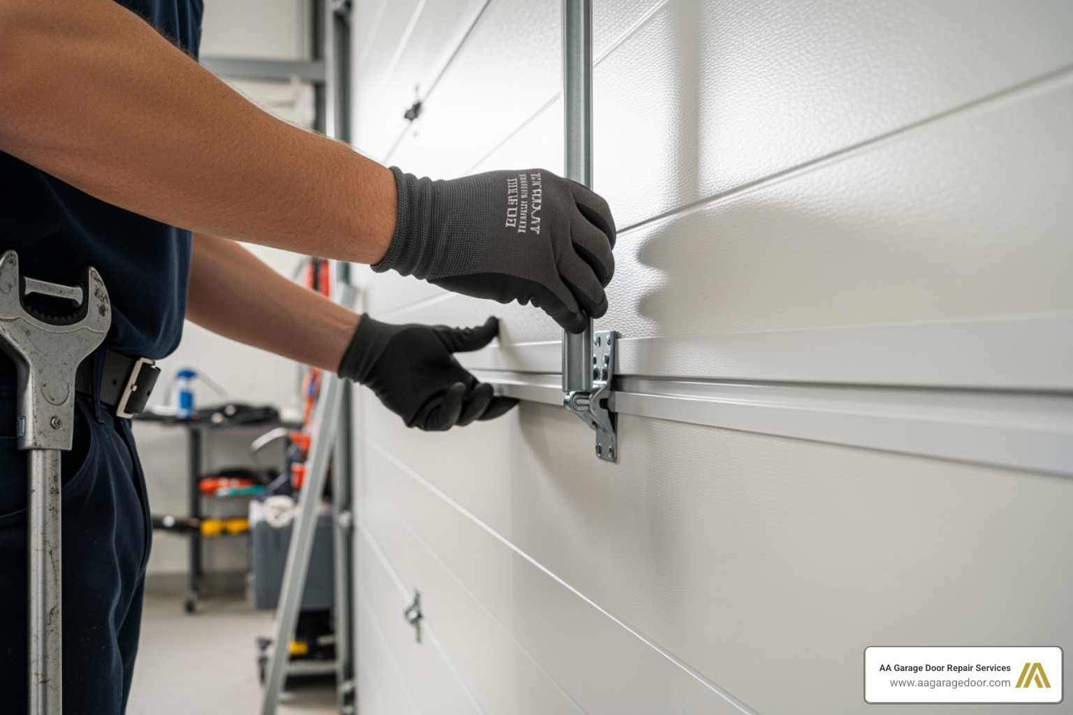 Professional technician meticulously installing a panel of a large commercial insulated garage door - commercial garage door insulation