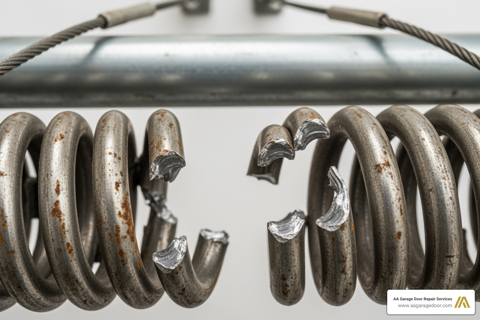A close-up of a torsion spring with a visible two-inch gap in the coil, indicating breakage - broken spring garage door repair