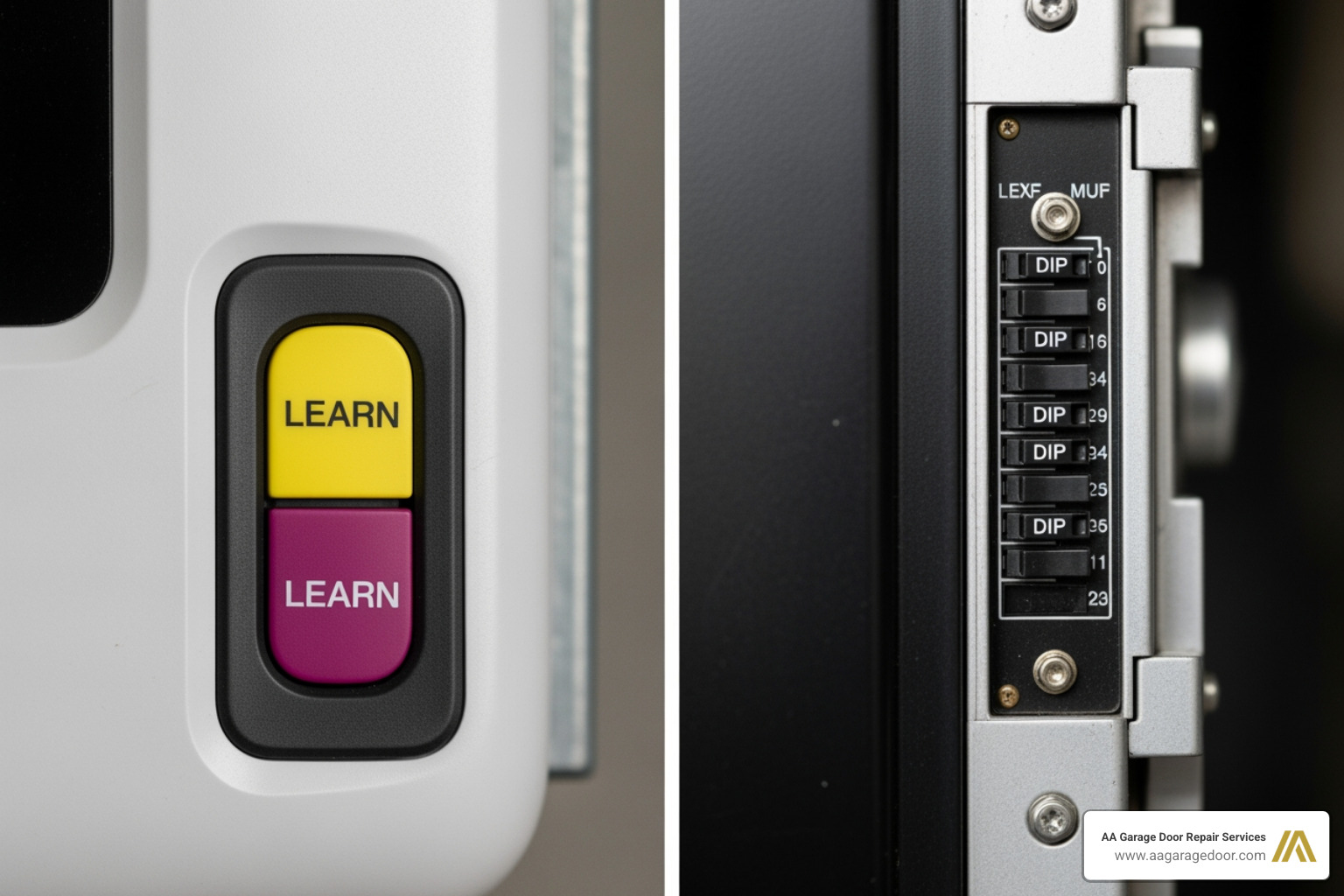 showing a side-by-side comparison of a garage door opener motor with a brightly colored "Learn" button and another motor with a panel of small DIP switches. - universal garage door keypad manual