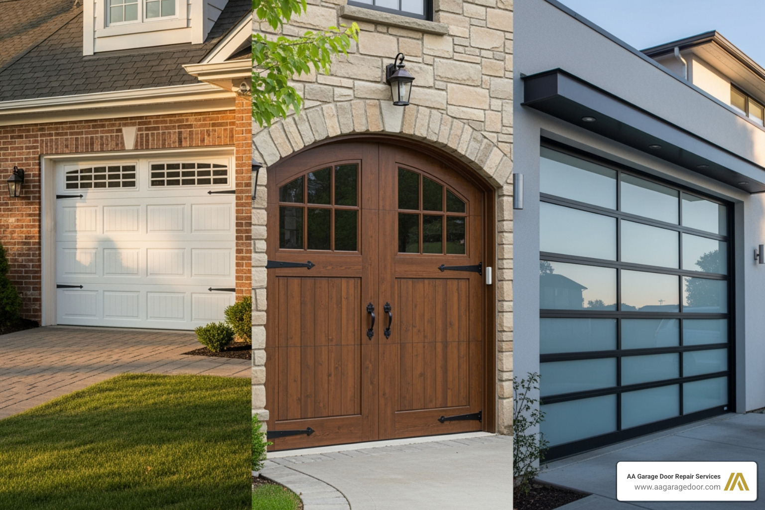 A collage showcasing different garage door styles: a classic white sectional door, a rustic carriage house door, and a sleek modern glass panel door. - New garage door installation