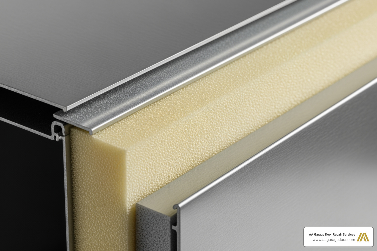 Cross-section of a 3-layer insulated garage door panel - 8x7 insulated garage door