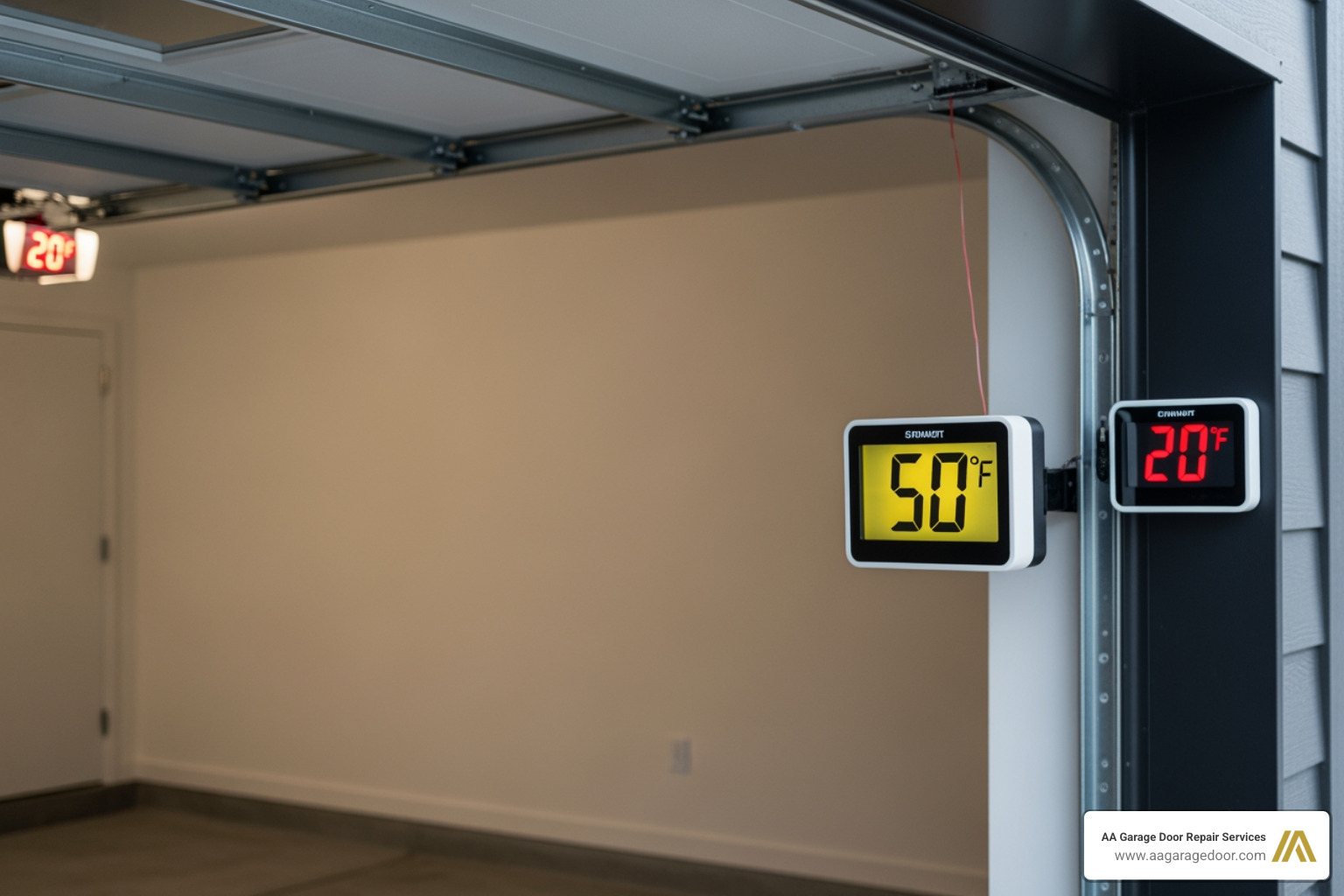 Thermometer showing warmer temperature inside insulated garage compared to cold outside - 8x7 insulated garage door