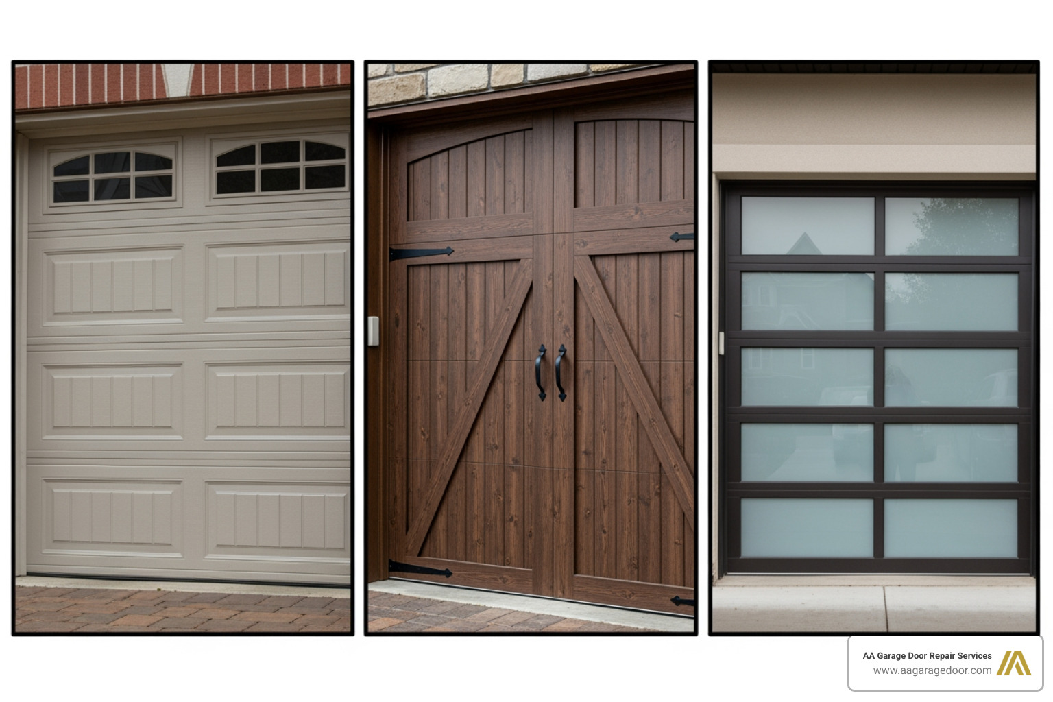 collage of different garage door materials: a classic steel door, a rustic faux-wood door, and a modern aluminum and glass door. - 14x12 insulated garage door collage of different garage door materials: a classic steel door, a rustic faux-wood door, and a modern aluminum and glass door. - 14x12 insulated garage door