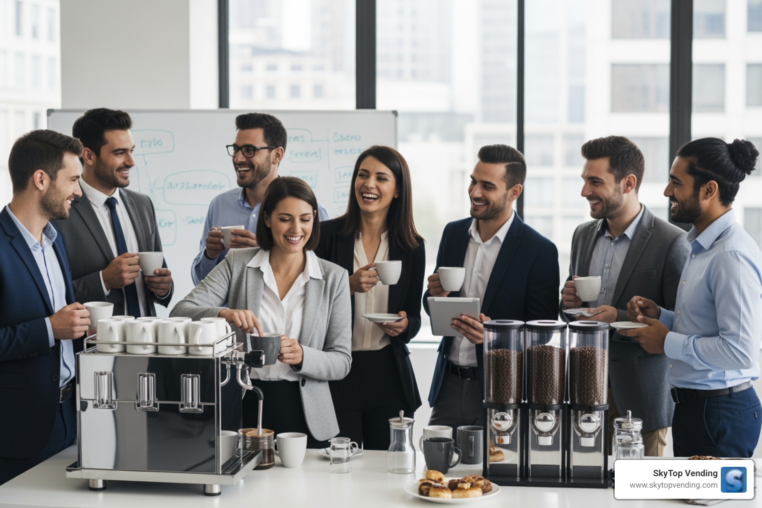 employees collaborating happily over coffee - office coffee service