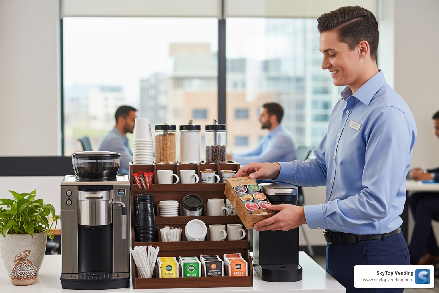 friendly service representative stocking a coffee station - office coffee service