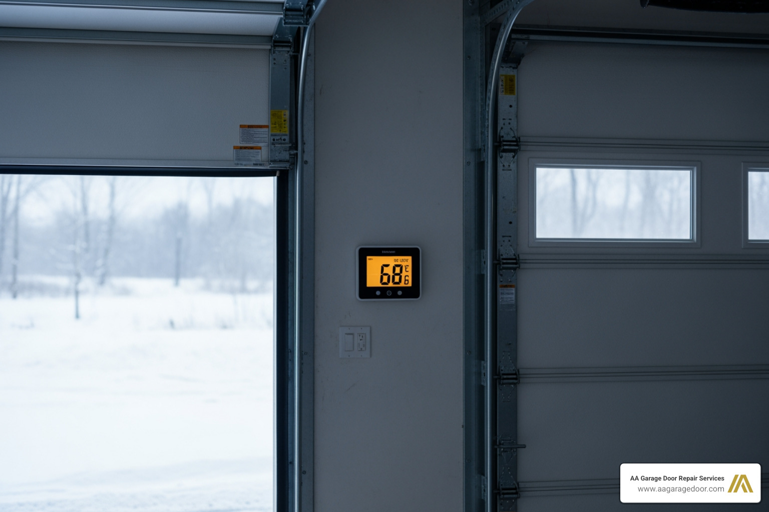 A thermometer showing a warmer temperature inside a garage with an insulated door compared to the cold outside. - 12x14 insulated garage door