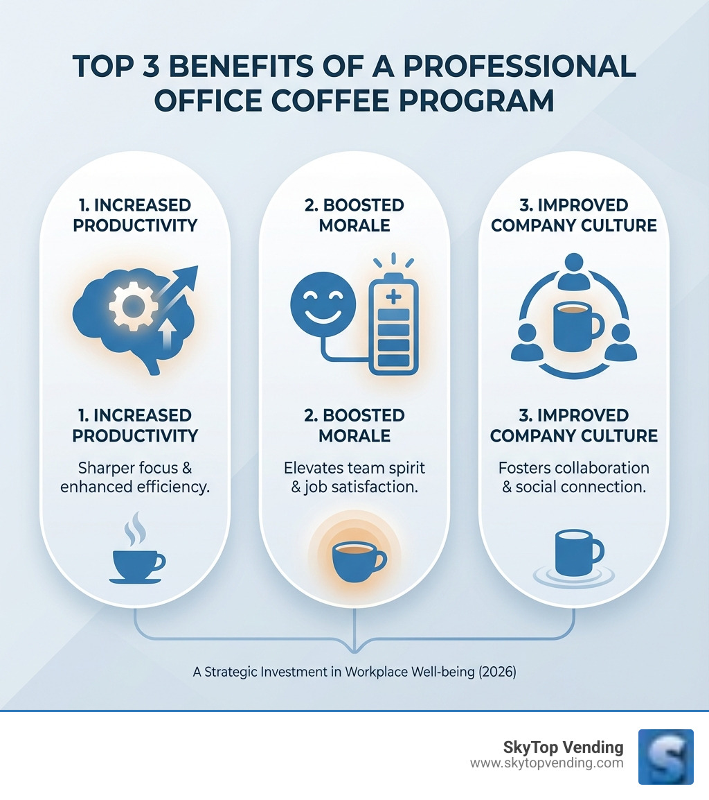 infographic explaining the top 3 benefits of office coffee: Increased Productivity, Boosted Morale, and Improved Company Culture - office coffee service infographic 