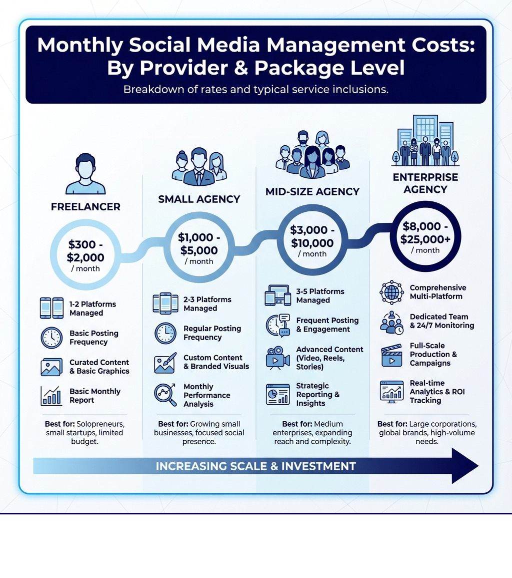 Infographic showing the breakdown of monthly social media management costs by provider type and package level, including freelancer rates ($300-$2,000/month), small agency rates ($1,000-$5,000/month), mid-size agency rates ($3,000-$10,000/month), and enterprise agency rates ($8,000-$25,000+/month), with typical services included at each level such as number of platforms managed, posting frequency, content creation type, and reporting depth - monthly social media management pricing packages infographic 