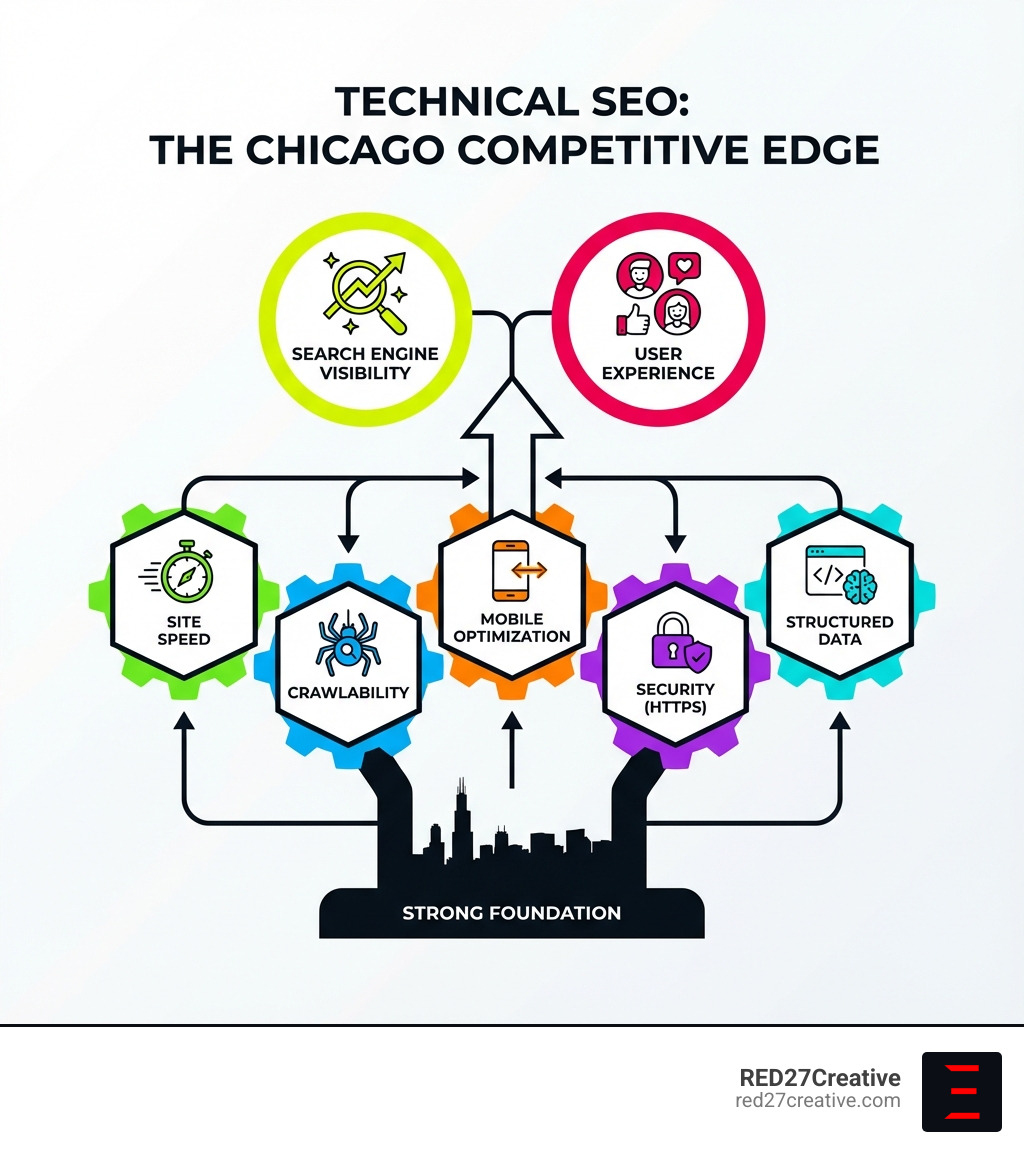 Technical SEO components including site speed, crawlability, mobile optimization, security, and structured data working together to create a strong foundation for search engine visibility and user experience - Chicago technical SEO infographic Technical SEO components including site speed, crawlability, mobile optimization, security, and structured data working together to create a strong foundation for search engine visibility and user experience - Chicago technical SEO infographic