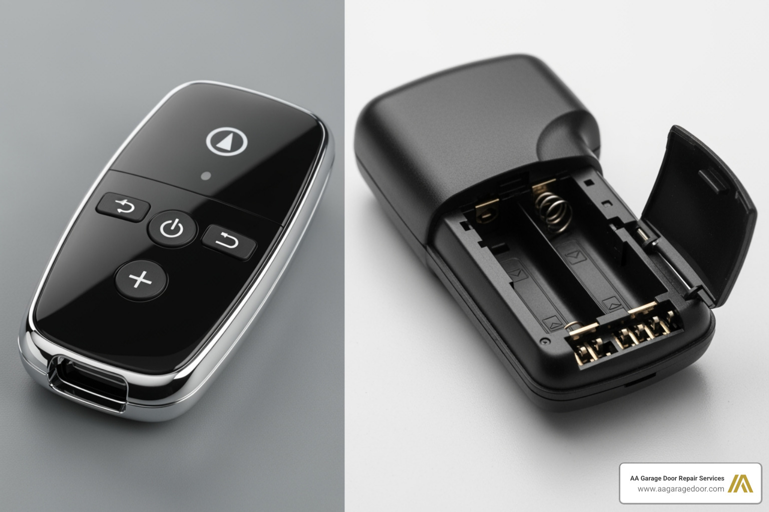 side-by-side comparison of a modern rolling code remote and an older dip switch remote - universal garage door opener keypad side-by-side comparison of a modern rolling code remote and an older dip switch remote - universal garage door opener keypad