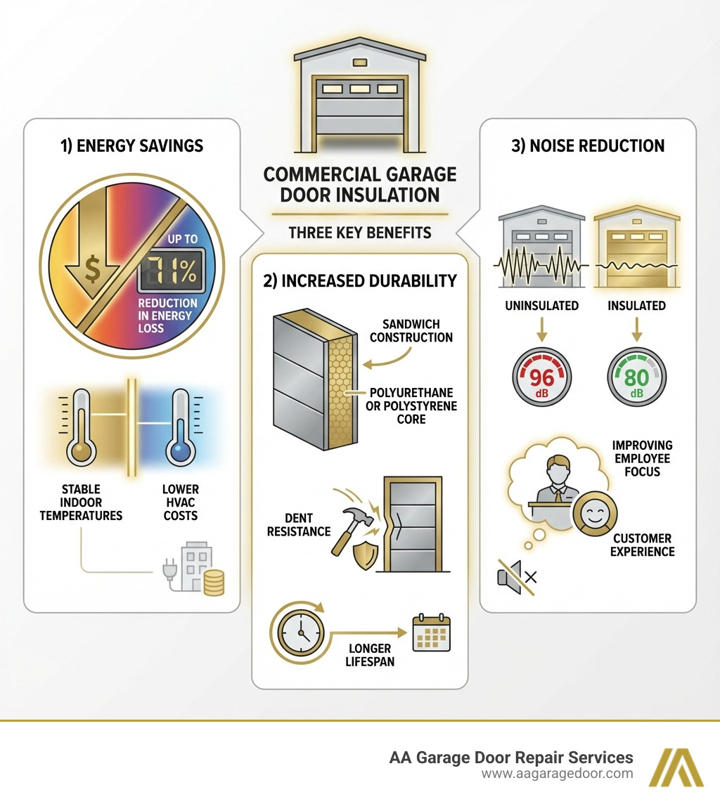 Infographic showing three main benefits of commercial garage door insulation: 1) Energy Savings - up to 71% reduction in energy loss with stable indoor temperatures and lower HVAC costs, 2) Increased Durability - sandwich construction with polyurethane or polystyrene core providing dent resistance and longer lifespan, 3) Noise Reduction - sound dampening properties creating quieter operation at 80 dB versus 96 dB for uninsulated doors, improving employee focus and customer experience - commercial garage door insulation infographic 