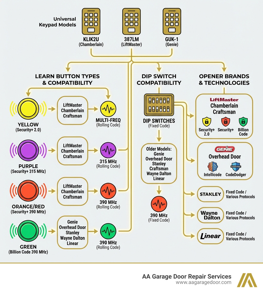 showing major universal keypad models (e.g., Chamberlain KLIK2U, LiftMaster 387LM, Genie GUK-1) and their compatibility with different Learn button colors, frequencies (315 MHz, 390 MHz), and opener brands (LiftMaster, Genie, Craftsman, etc.). - universal garage door keypad manual infographic 