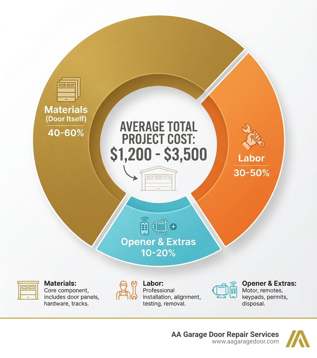 Infographic showing garage door installation cost breakdown: Materials account for 40-60% of total cost, Labor represents 30-50%, and Opener plus extras make up 10-20% of the final price, with average total project cost ranging from $1,200 to $3,500 - Garage door installation cost infographic 