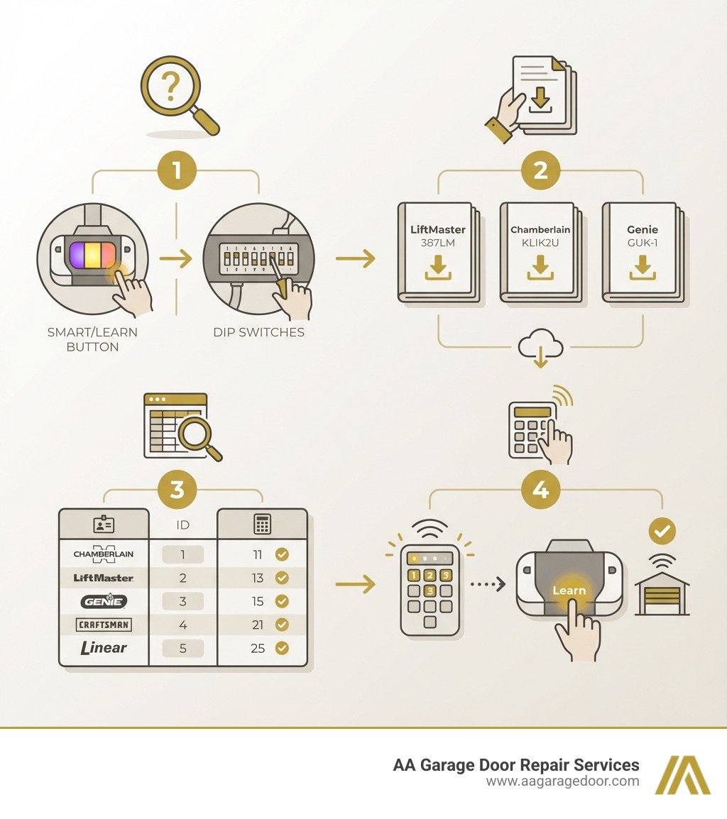 Infographic showing the four-step process for using a universal garage door keypad manual: Step 1 - Identify your garage door opener type (Smart/Learn Button with colored buttons shown, or DIP Switches with toggle switches); Step 2 - Locate your keypad model manual (showing LiftMaster 387LM, Chamberlain KLIK2U, and Genie GUK-1 with download icons); Step 3 - Find your opener ID code in the manual's compatibility chart (showing sample chart with brand names and ID numbers); Step 4 - Follow brand-specific programming steps (showing keypad with numbered sequence and Learn button press) - universal garage door keypad manual infographic 
