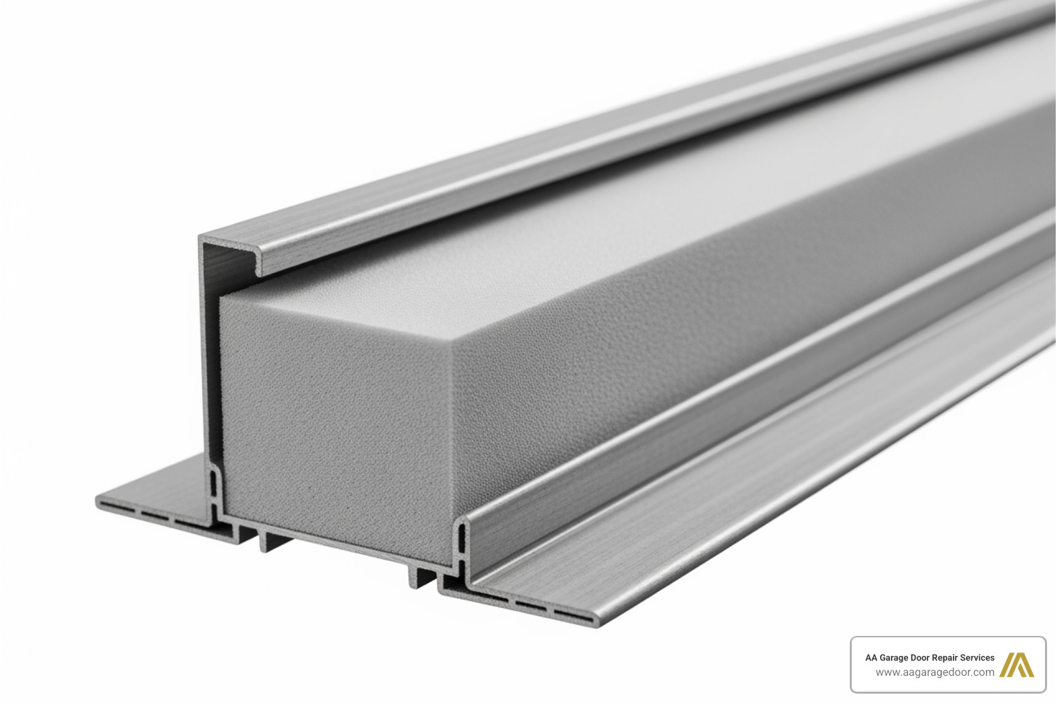 Cross-section of an insulated door slat, clearly showing the foam core between two metal sheets - 10x10 insulated roll up door