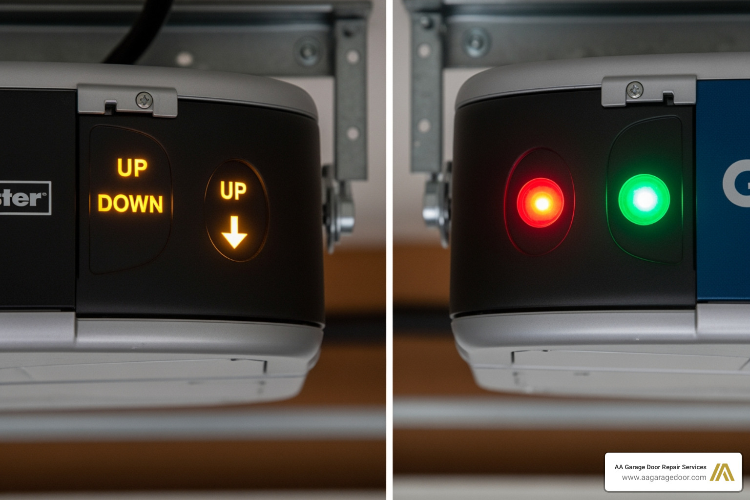 back of a LiftMaster opener showing UP and DOWN arrows and a Genie opener showing LED lights - garage door opener codes