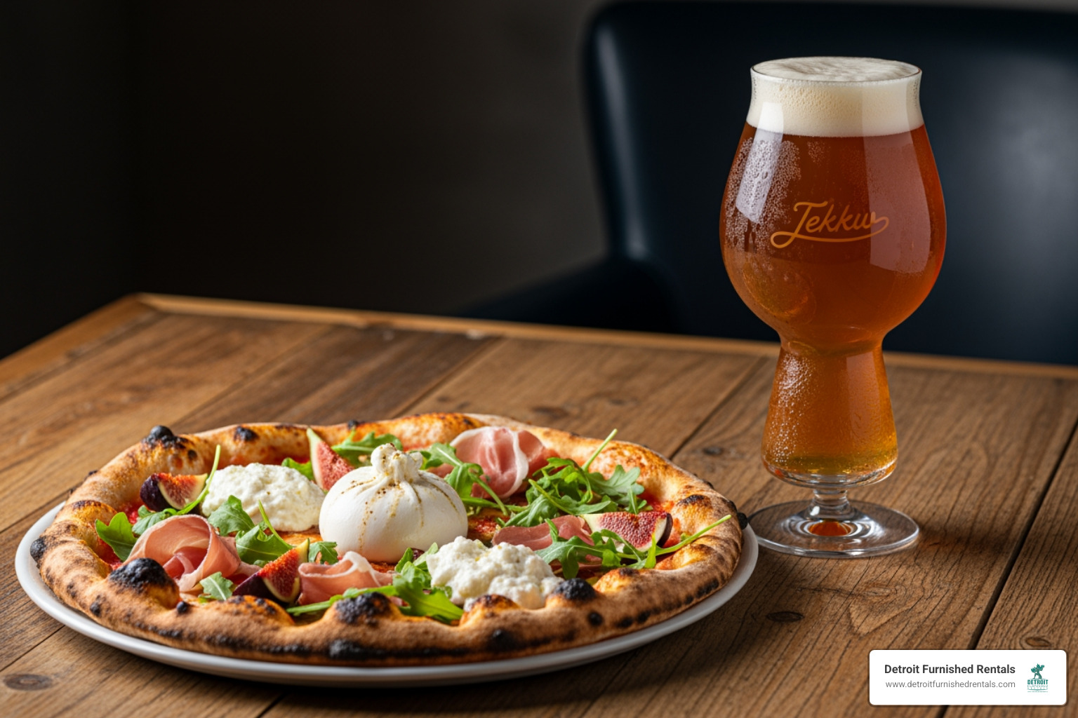 artisan pizza next to a uniquely shaped beer glass - Detroit breweries with food