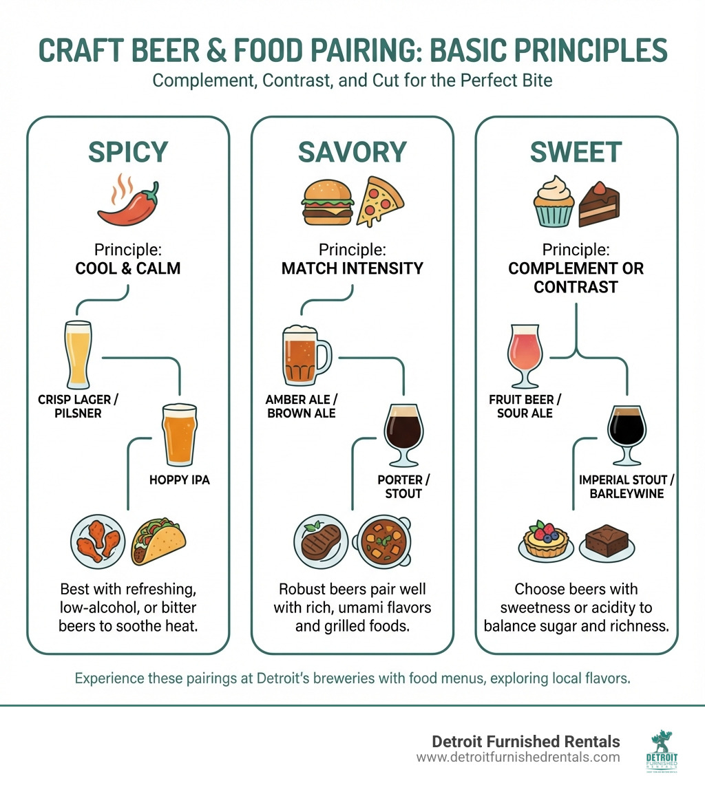 infographic showing basic principles of pairing craft beer with food categories like spicy, savory, and sweet - Detroit breweries with food infographic 