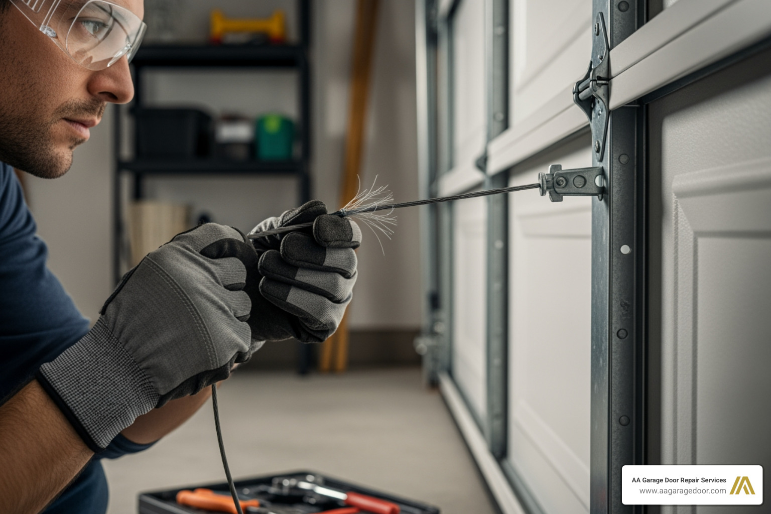 Homeowner wearing gloves and safety glasses, inspecting a garage door cable - garage door cable maintenance