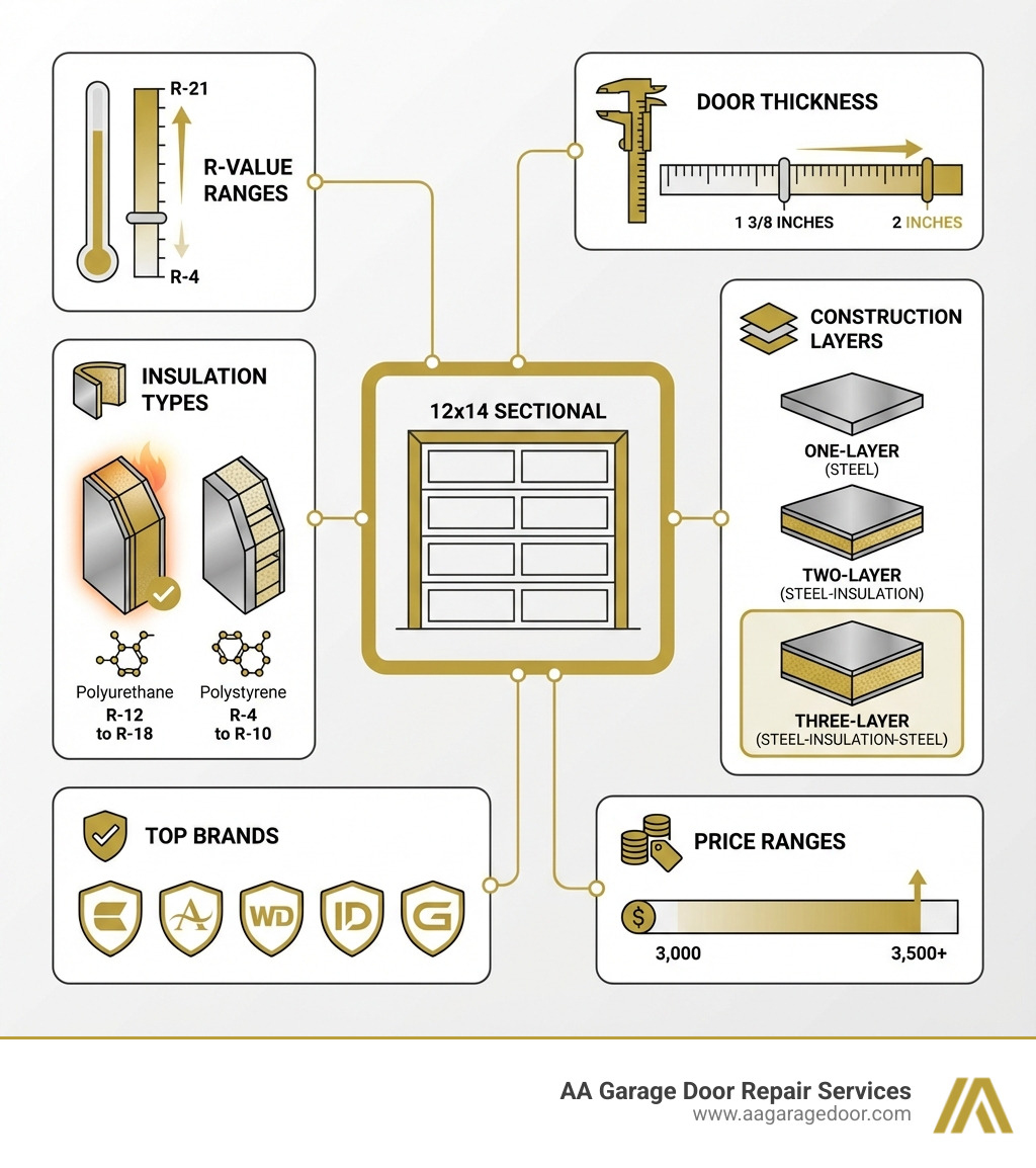 Infographic comparing key specifications for 12x14 insulated garage doors: R-value ranges (R-4 to R-21), insulation types (polyurethane R-12 to R-18 vs polystyrene R-4 to R-10), door thickness (1 3/8 inches to 2 inches), construction layers (one-layer steel vs two-layer steel-insulation vs three-layer steel-insulation-steel), top brands (Clopay, Amarr, Wayne Dalton, Ideal Door, Garaga), and price ranges ($3,000 to $3,500+) - 12x14 insulated garage door infographic 