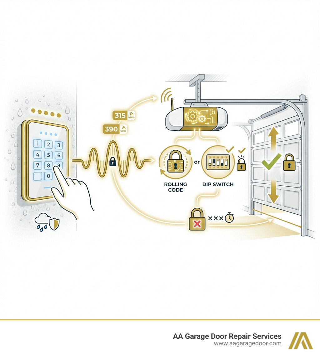 Infographic showing how a universal garage door opener keypad works: Step 1 - User enters 4-8 digit PIN on weather-resistant backlit keypad, Step 2 - Keypad sends encrypted wireless signal at 315 MHz or 390 MHz frequency, Step 3 - Garage door opener motor receives and verifies the signal using rolling code or dip switch technology, Step 4 - Garage door opens or closes safely, with automatic lockout after multiple incorrect attempts for enhanced security - universal garage door opener keypad infographic Infographic showing how a universal garage door opener keypad works: Step 1 - User enters 4-8 digit PIN on weather-resistant backlit keypad, Step 2 - Keypad sends encrypted wireless signal at 315 MHz or 390 MHz frequency, Step 3 - Garage door opener motor receives and verifies the signal using rolling code or dip switch technology, Step 4 - Garage door opens or closes safely, with automatic lockout after multiple incorrect attempts for enhanced security - universal garage door opener keypad infographic