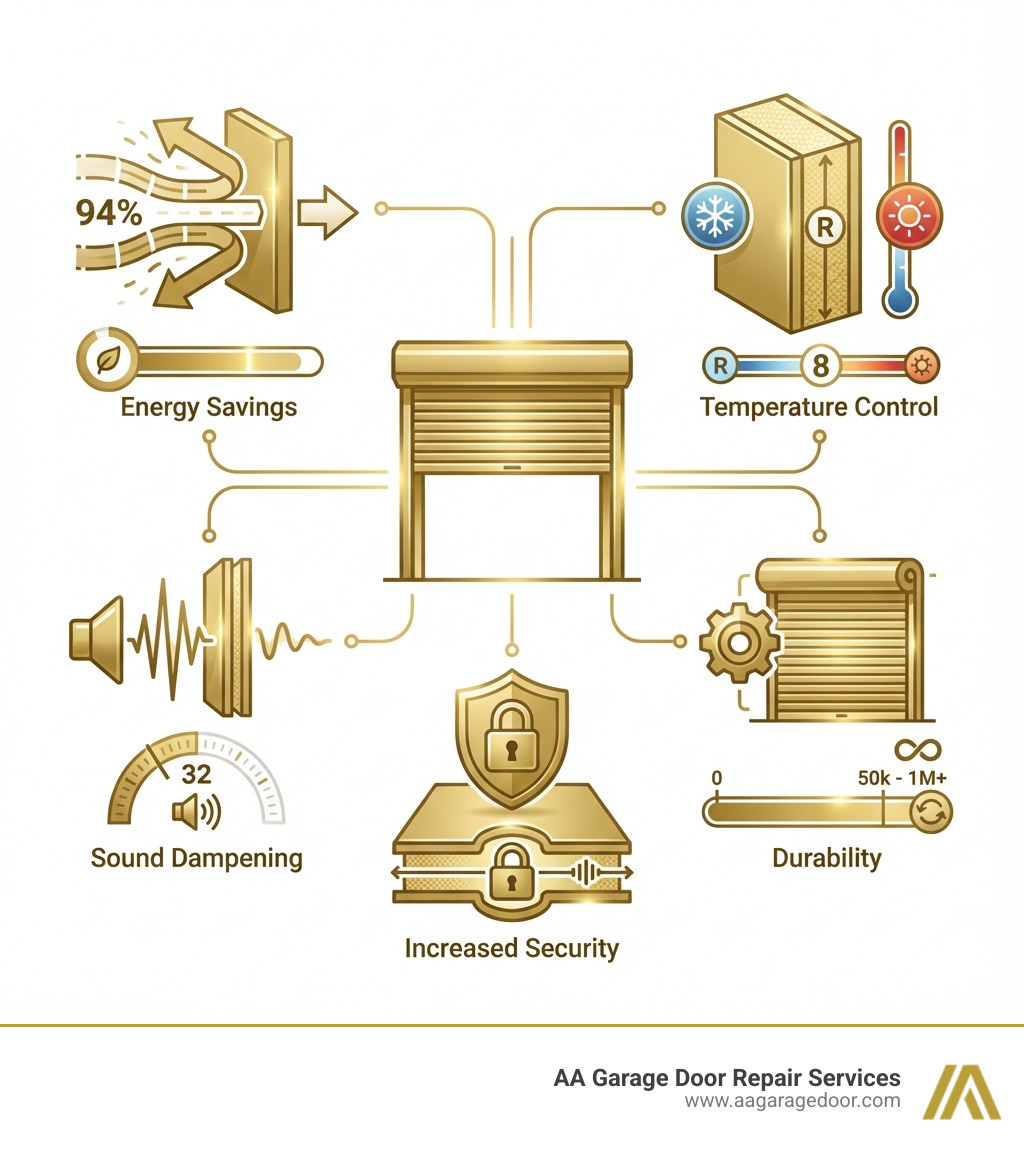 Infographic showing key benefits of 10x10 insulated roll up doors: 94% airflow reduction for energy savings, STC ratings up to 32 for sound dampening, R-value of 8 for temperature control, cycle life ranging from 50,000 to 1,000,000+ for durability, and dual-layer construction for increased security - 10x10 insulated roll up door infographic 