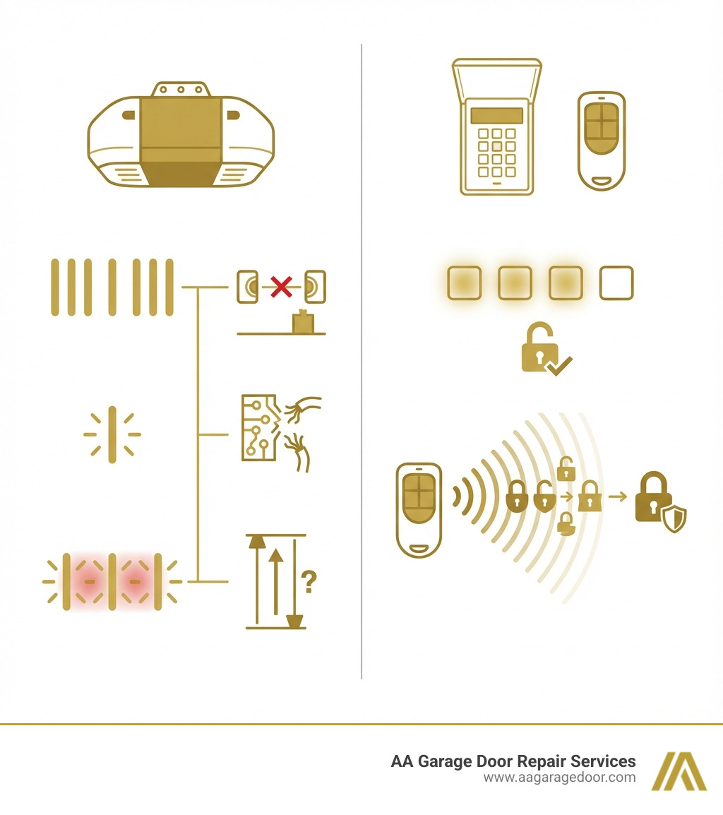 infographic showing two columns: left side shows diagnostic error codes with LED light patterns and their meanings (sensor issues, wiring faults, limit problems); right side shows access security codes with images of keypads and remotes, explaining PIN codes and rolling code technology - garage door opener codes infographic 